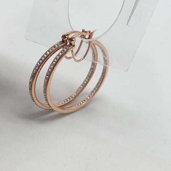 Rose Gold Tone Hoop Earrings With Rhinestone Accents 1.5" Diameter - Picture 3 of 6